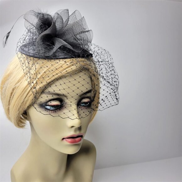 Black Veil Netting Fascinator With Veil Netting, Tulle and Feathers - Picture 4 of 16